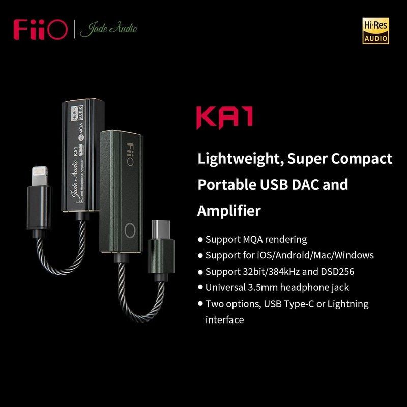 FiiO JadeAudio KA1 Headphone Amps Tiny Amplifier USB DAC High Resolution Lossless for Smartphones/PC/Laptop/Players(Lightning, Black) - Image 1